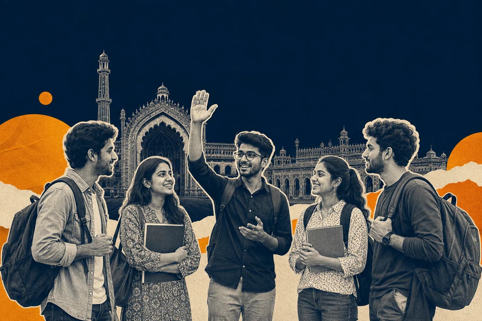 Illustration of college students in discussion in front of Lucknow's Rumi Darwaza
