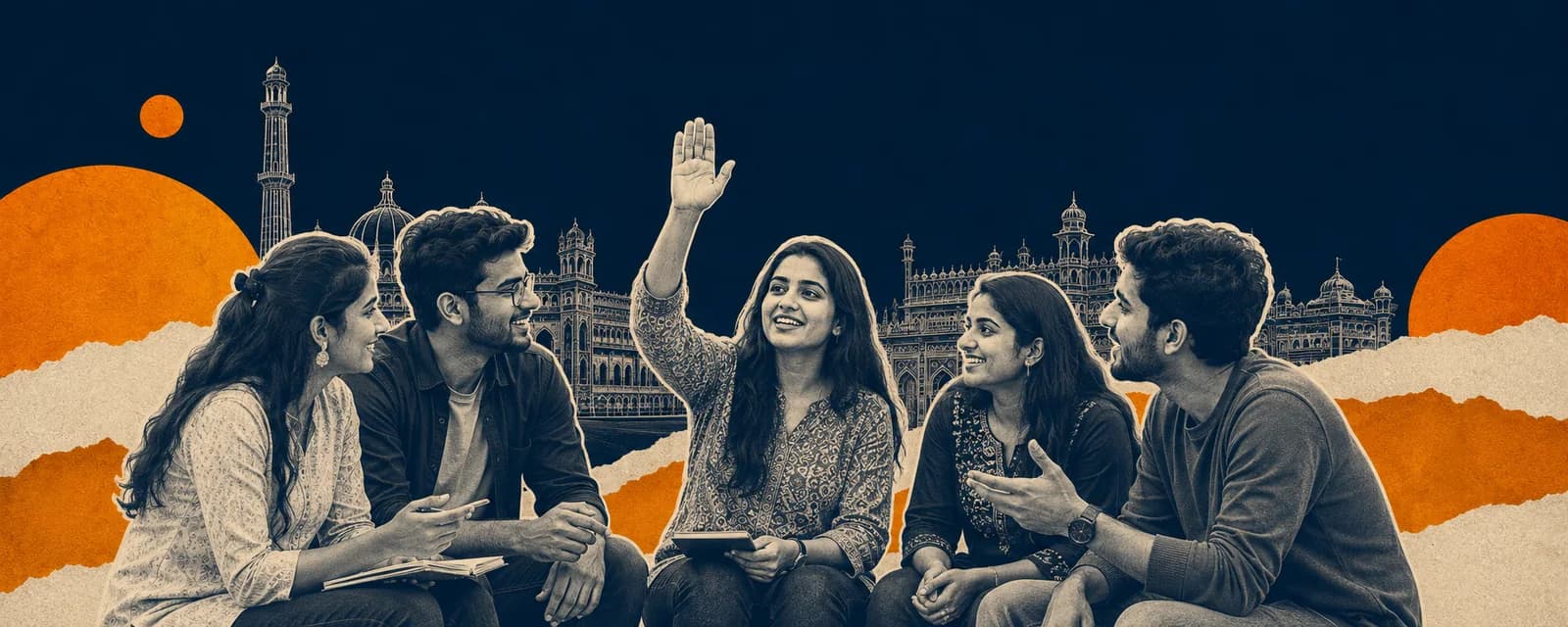 Illustration of students raising hands to contribute in a discussion